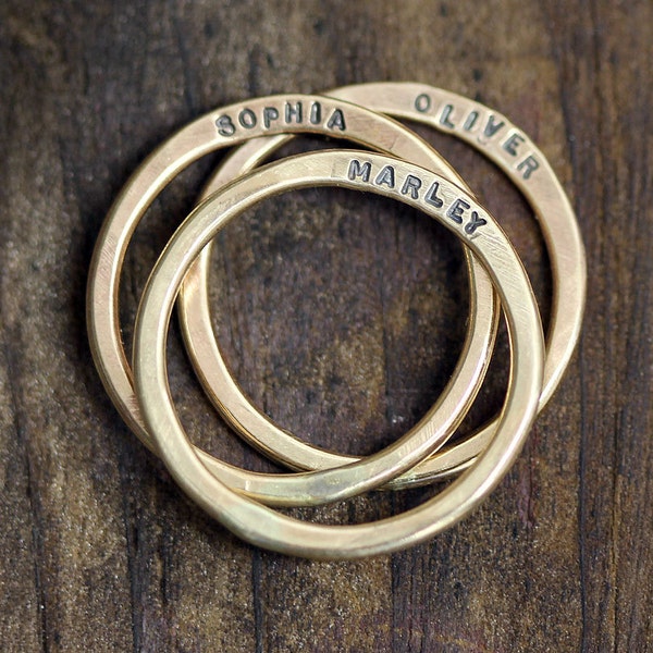14k oro amarillo personalizado martillado anillos - juego de 3 (E0285)