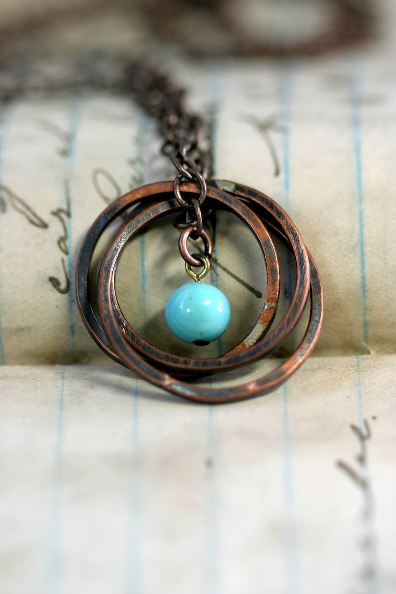 Copper Ring Necklace with Vintage Baby Blue Bead E0182 image 4