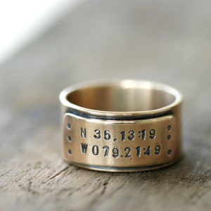 14k Gold Latitude Longitude Personalized Wedding Ring E0309 image 1