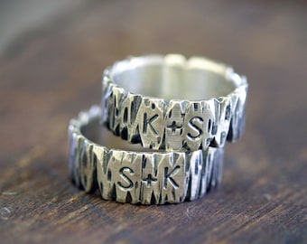 Tree Bark Sterling Silver Personalized Band Ring (E0265)