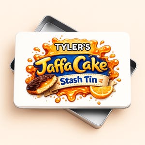 May include: A rectangular tin featuring the words "Tyler's Jaffa Cake Stash Tin". The design includes a Jaffa Cake illustration, orange slices, and a splash of orange liquid, all on a white background.