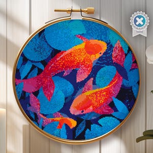 Counted Cross Stitch PDF Pattern &quot;Ballet Of The Koi Carps&quot; Round Cross Stitch Chart Instant Download Pdf Pattern Keeper