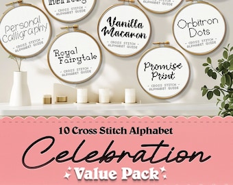 May include: A collection of 10 embroidery hoops with different cross stitch alphabet designs. The hoops are arranged in a semi-circle on a white wall. The designs include "Elegance Legacy", "Personal Calligraphy", "Capital Heritage", "Royal Fairytale", "Script", "Embroidery Elegance", "Vanilla Macaron", "Champagne Scripted", "Orbitron Dots", and "Promise Print". The text below the hoops reads "10 Cross Stitch Alphabet Celebration Value Pack".