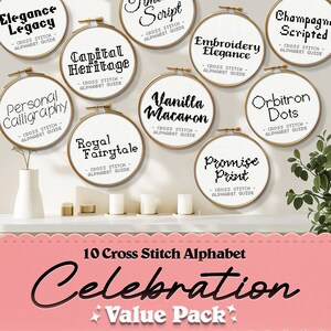 10 räknade korsstygnsmönster i PDF-format "Celebration Alphabet Value Pack" Litet korsstygnsdiagram för alfabetet, direkt nedladdning i PDF-format, gör-det-själv-mönster