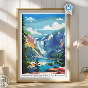 May include: A vintage-style poster featuring a scenic view of a waterfall cascading into a lake surrounded by lush green trees and mountains. The poster has a blue sky with white clouds and the text "Yellowstone National Park" at the bottom.