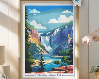 May include: A vintage-style poster depicting a scenic view of a waterfall cascading into a lake surrounded by lush green trees and mountains. The poster has a blue sky with white clouds and the text "Yellowstone National Park" at the bottom.