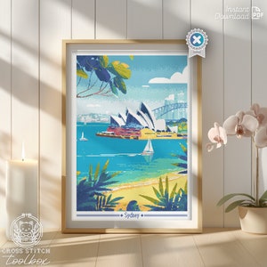 Könnte beinhalten: Ein Kreuzstichmuster mit einer farbenfrohen Illustration des Opernhauses von Sydney und der Harbour Bridge. Das Muster enthält ein Segelboot, Palmen und den Text "Sydney".