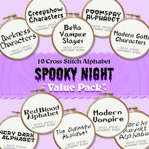 10 Counted Cross Stitch PDF Pattern &quot;Spooky Night Alphabet Value Pack&quot; Small Cross Stitch Alphabet Chart Instant Download Pdf Pattern DIY