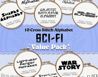 May include: A collection of 10 cross stitch alphabet patterns with a sci-fi theme. The patterns include: Avenger Squad, Shapls Alphabet, Galactic Battlestar, Legendary Dunes, Galaxy, Lightyear Ranger, Big Dots, StarLine, War Story, and 24k Clock.