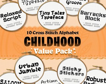 May include: A collection of 10 cross stitch alphabet patterns, each with a unique font style. The patterns are displayed in embroidery hoops on a peach background. The title of the collection is "CHILDHOOD Value Pack".