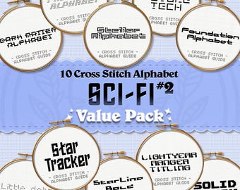 May include: A collection of 10 cross stitch alphabet designs with a sci-fi theme. The designs are displayed in white embroidery hoops on a purple background. The designs include: Fast Dots Alphabet, D-DR Matter Alphabet, Stellar Alphabet, Future Tech, Foundation Alphabet, Star Tracker, Little Dots Alphabet, StarLine Bold Alphabet, Lightyear Ranger Titling, and Solid Block.