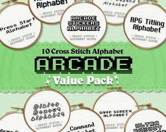 10 Counted Cross Stitch PDF Pattern "Arcade Alphabet Value Pack" Small Cross Stitch Alphabet Chart Instant Download Pdf Pattern DIY