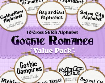 May include: A digital download of 10 cross stitch alphabet designs in a gothic style. The designs are displayed in white embroidery hoops on a purple background. The text "Gothic Romance Value Pack" is displayed in a large, bold font.