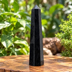 Può includere: Una torre di cristallo nero a sei lati con una punta affilata. La pietra ha una superficie liscia e lucida con sottili variazioni naturali e un colore scuro profondo. L'oggetto è posizionato verticalmente, mettendo in mostra la sua forma geometrica.