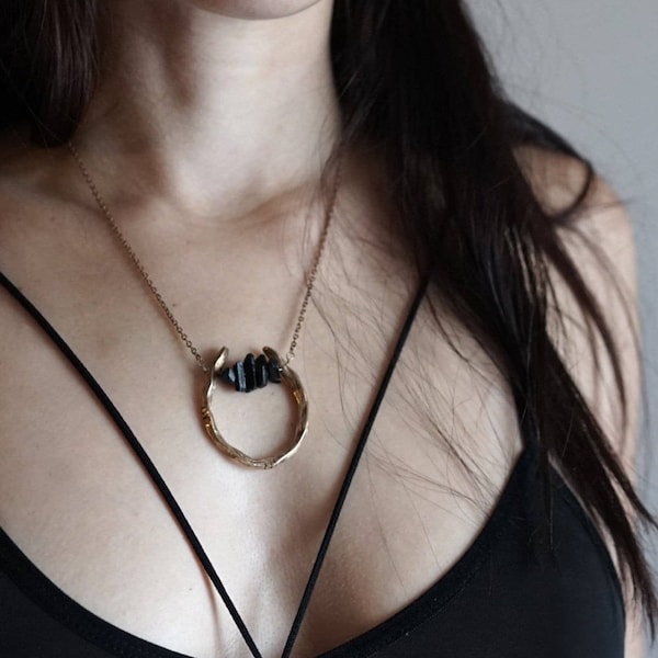 ARI Black Tourmaline Necklace, Raw Black Tourmaline, Gold Filled, Primitive, Sterling Silver, Raw Stone Necklace, Gift For her, Handmade