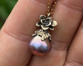 14K Gold Edison Pearl Pendant: Handmade Flower Leaf Necklace