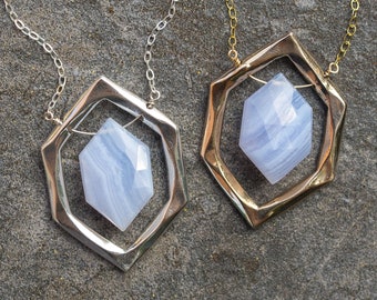 Blue Lace Agate Necklace: Faceted Crystal Pendant, Sterling Silver