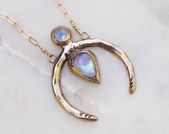 Moonstone Crescent Necklace: Recycled Sterling Silver Bohemian Jewelry