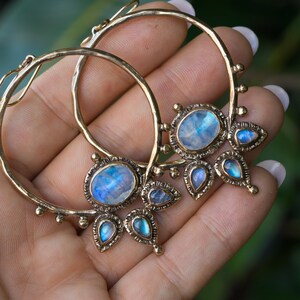 Blue Moonstone Lotus Hoops, Gold Hoop earrings, handmade, statement earrings, gift for her, unique gift, bronze, sterling silver, ear wires image 8