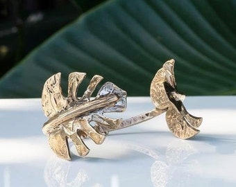 Monstera Leaf Bracelet, Leaf Bracelet, Sterling Silver Leaf Bracelet, Statement Cuff, Tropical Bracelet, Boho Bracelet, Bohemian Cuff, Gold