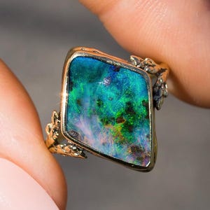 14k Gold Boulder Opal Branch Ring, Australian Opal, Leaf, Kite Shape, Size 7.75, Handmade, Freeform, Organic, Gift for her Fine Jewelry