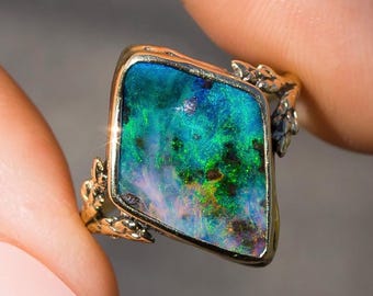 14k Gold Australian Boulder Opal Ring: Leaf Branch Design, Size 7.75