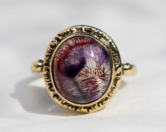 14k Gold Super Seven Ring, Super 7, Melody stone, Amethyst, Cacoxenite, Oval Cabochon, Unique, Handmade, Gift For her, solid gold