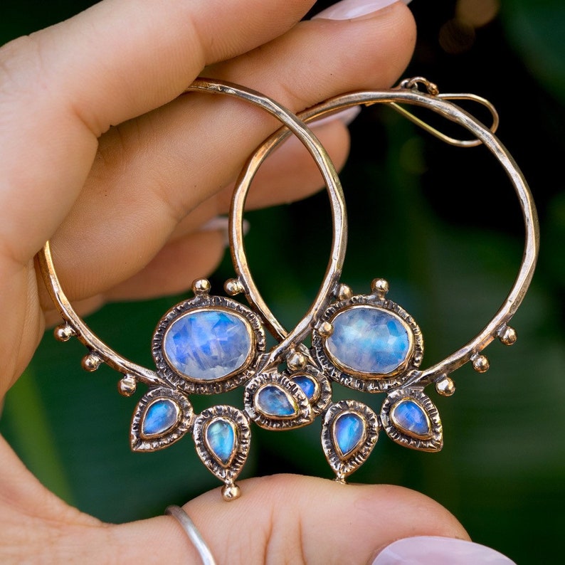Blue Moonstone Lotus Hoops, Gold Hoop earrings, handmade, statement earrings, gift for her, unique gift, bronze, sterling silver, ear wires image 2
