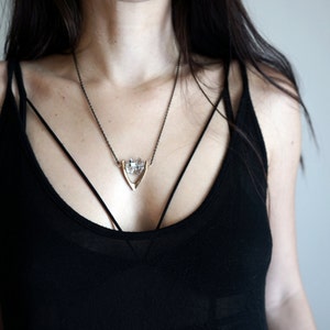 Herkimer Diamond Crystal Necklace: Bronze Wishbone Pendant, Black Chain