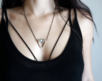 CARA / Herkimer Diamond Crystal Necklace, Raw Crystal Handmade Necklace, Bronze Sculpted Pendant, Black Chain, Wishbone Pendant, Couple Pair