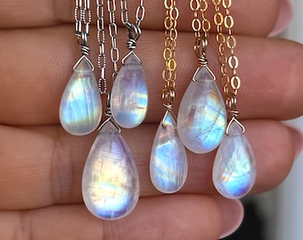 Rainbow Moonstone Teardrop Pendant: Wire Wrapped Sterling Silver Necklace