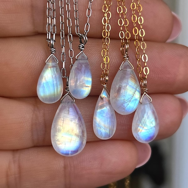 Rainbow Moonstone Teardrop Pendant: Wire Wrapped Sterling Silver Necklace