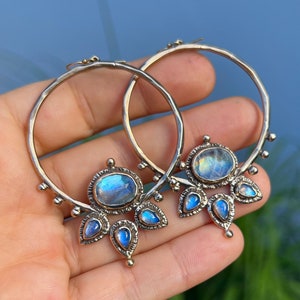 Blue Moonstone Lotus Hoops, Gold Hoop earrings, handmade, statement earrings, gift for her, unique gift, bronze, sterling silver, ear wires image 4