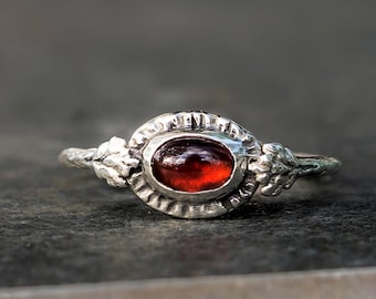 Handmade Garnet Ring: Sterling Silver Branch Leaf Design, January Birthstone