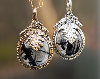 Tourmalinated Quartz Juniper Leaf Pendant: Bronze or Sterling Silver