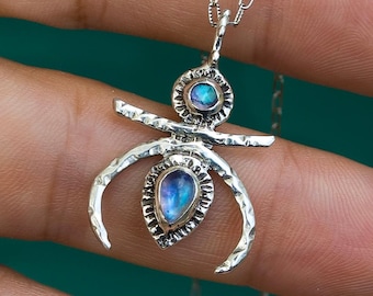 CELESTE Moonstone Necklace: Sterling Silver Crescent Moon, Bohemian Jewelry