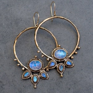 Blue Moonstone Lotus Hoop Earrings: Sterling Silver or Bronze