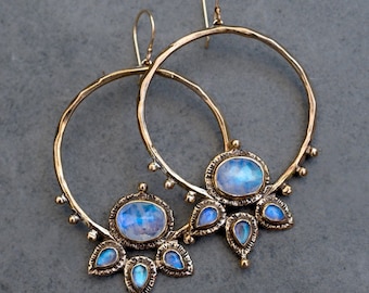 Blue Moonstone Lotus Hoop Earrings: Sterling Silver or Bronze