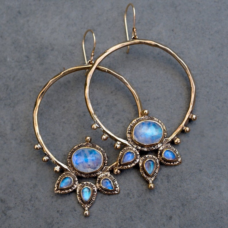 Blue Moonstone Lotus Hoops, Gold Hoop earrings, handmade, statement earrings, gift for her, unique gift, bronze, sterling silver, ear wires image 1