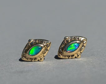 Australian Opal Stud Earrings, 14k gold studs, green opal, solid opal, handmade jewelry, marquise, evil eye, Gift for her, sterling silver