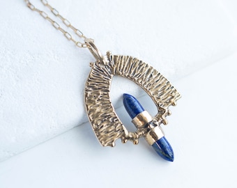 PETRA / Lapis Lazuli Necklace, Bronze Pendant, Crystal Point Necklace, Statement Necklace, Bohemian Necklace, Warrior Jewelry