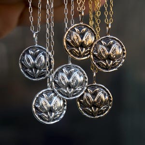 Harvest Flower Medallion Necklace: Antique Bronze or Sterling Silver