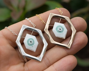 Diamond Eye Solar Quartz Necklace: Sterling Silver or Bronze Hexagon Pendant