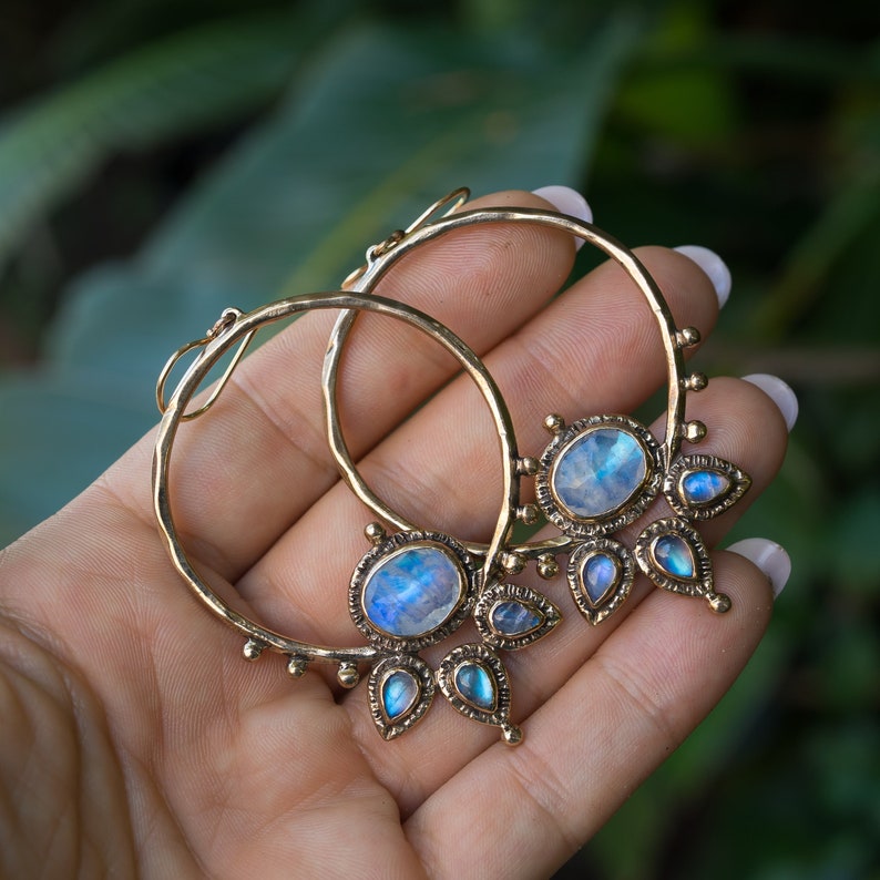 Blue Moonstone Lotus Hoops, Gold Hoop earrings, handmade, statement earrings, gift for her, unique gift, bronze, sterling silver, ear wires image 8