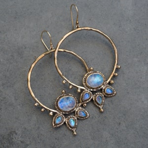 Blue Moonstone Lotus Hoops, Gold Hoop earrings, handmade, statement earrings, gift for her, unique gift, bronze, sterling silver, ear wires image 9