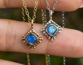 Moonstone Pendant Necklace: Antique Silver, Rainbow Moonstone, 14k Gold