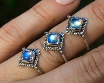Cushion Cut Moonstone Ring: Antique Style Sterling Silver, Custom Jewelry