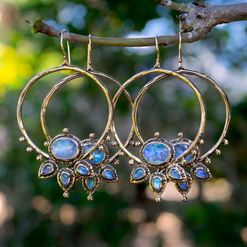 Blue Moonstone Lotus Hoops, Gold Hoop earrings, handmade, statement earrings, gift for her, unique gift, bronze, sterling silver, ear wires image 6