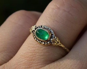 14k Gold Emerald Ring: Handmade Branch Leaf Design, Size 7.5