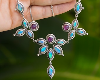 Handmade Opal & Ruby Lotus Necklace: Sterling Silver Floral Collar